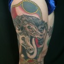 large pharaohs horses tattoo on thigh in colour