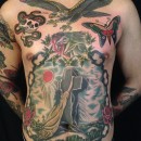 traditional front piece with rock of ages on stomach in chain frame with pharaohs horses and eagle on chest and a skull and snake and butterfly all in colour