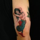small trad colour tattoo of mermaid