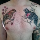 chest tattoo of two birds on branches