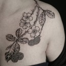 black and grey tattoo of flowers blackberries over womans shoulder